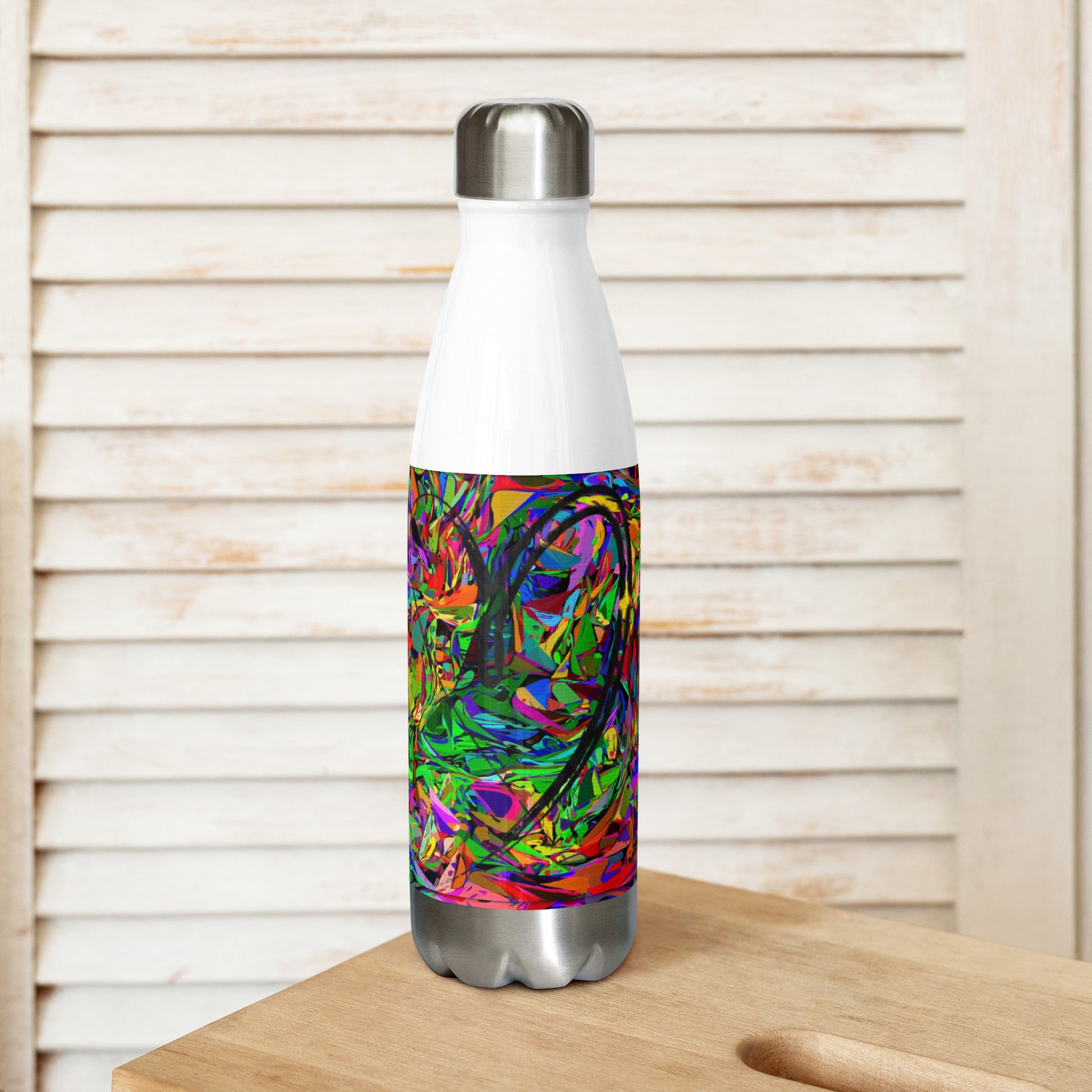 Neon Mythos stainless steel water bottle with vibrant abstract street art design and glossy finish by Hipyfi Clothes & Design white-17-oz-Left
