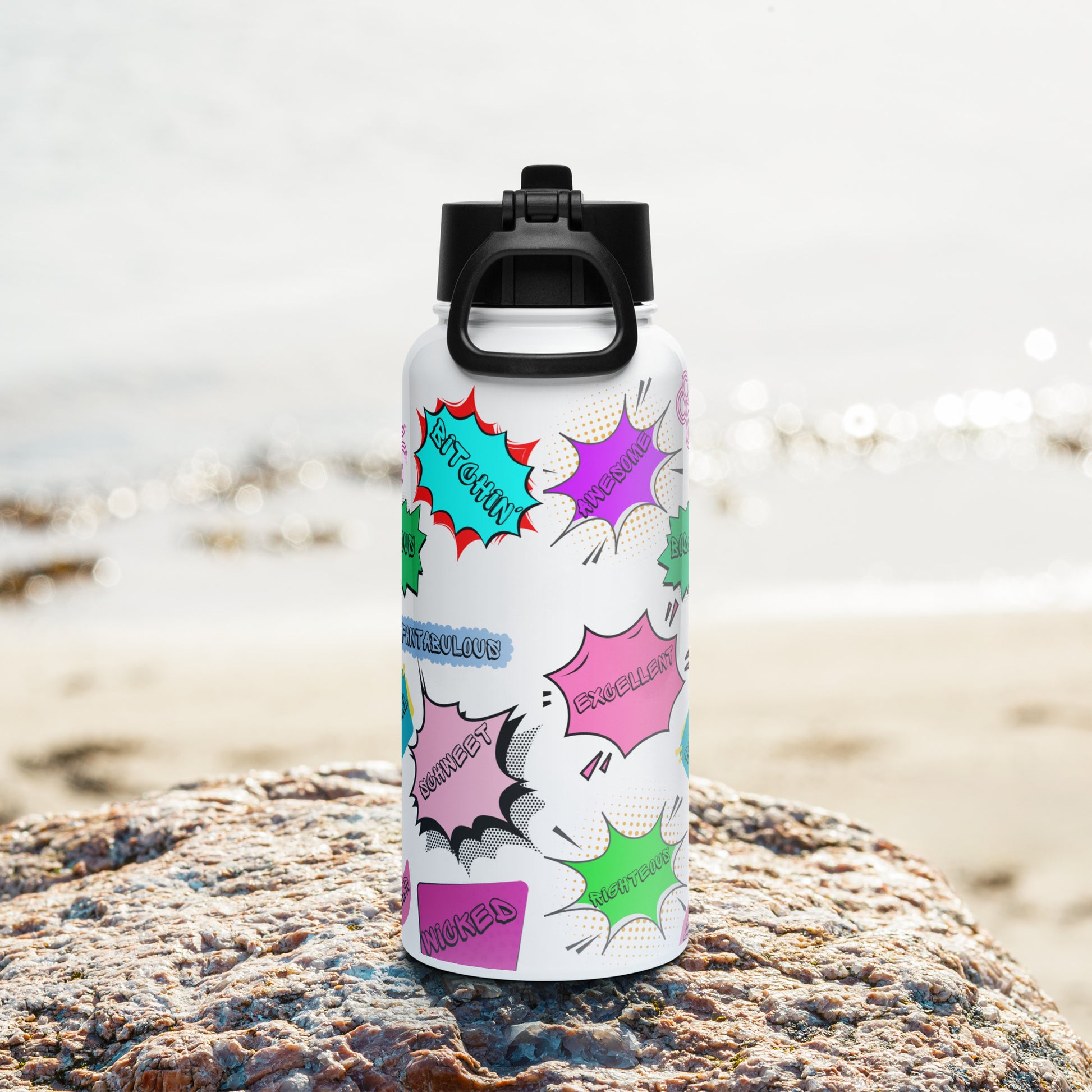 Hipyfi 80s Retro Pop Art Stainless Steel Water Bottle with Straw Lid – Vintage Comic Style Design back