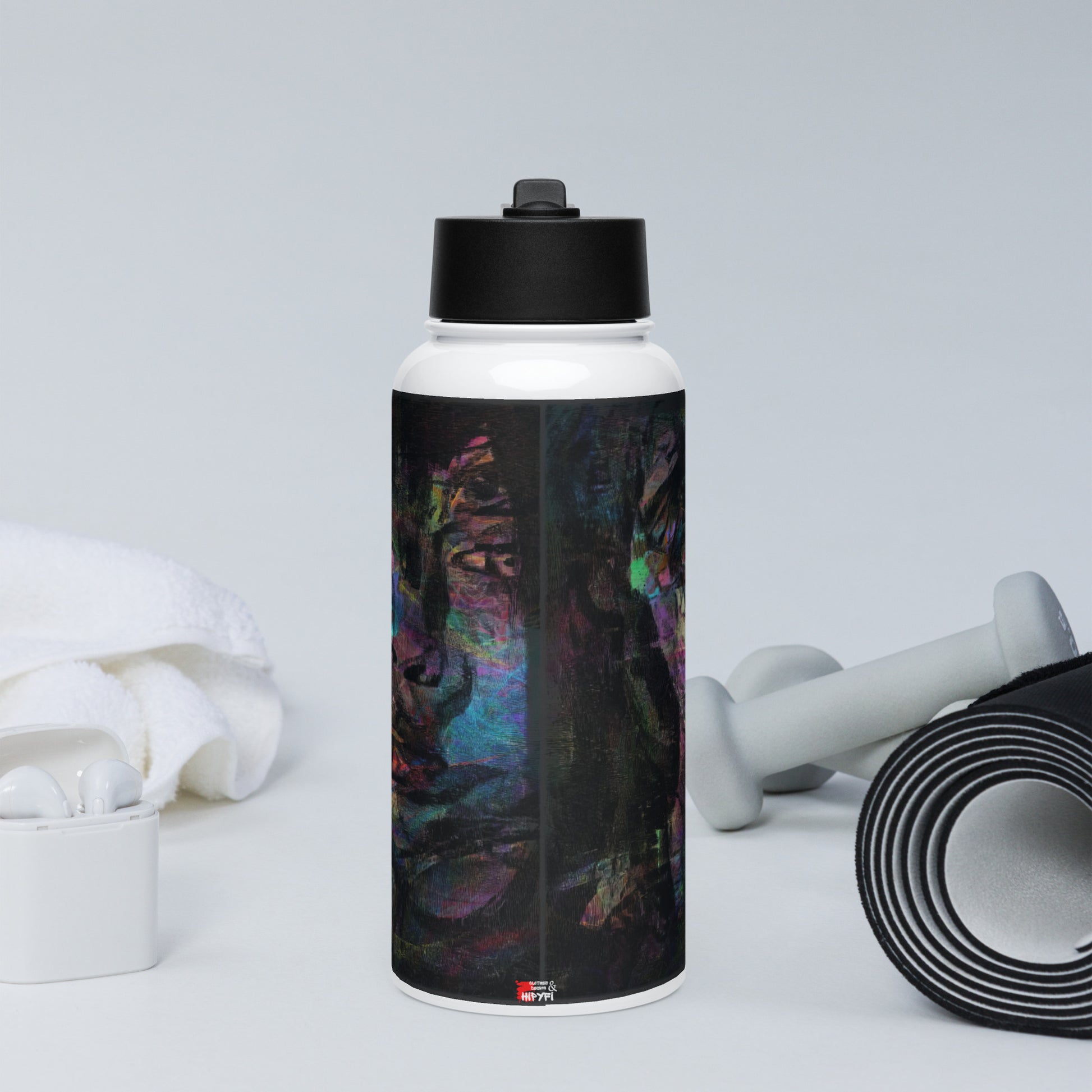 Hipyfi Chromatic Dreams water bottle featuring abstract art in on insulated stainless steel with leak-proof straw lid. front
