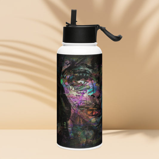 Hipyfi Chromatic Dreams water bottle featuring abstract art in on insulated stainless steel with leak-proof straw lid. left
