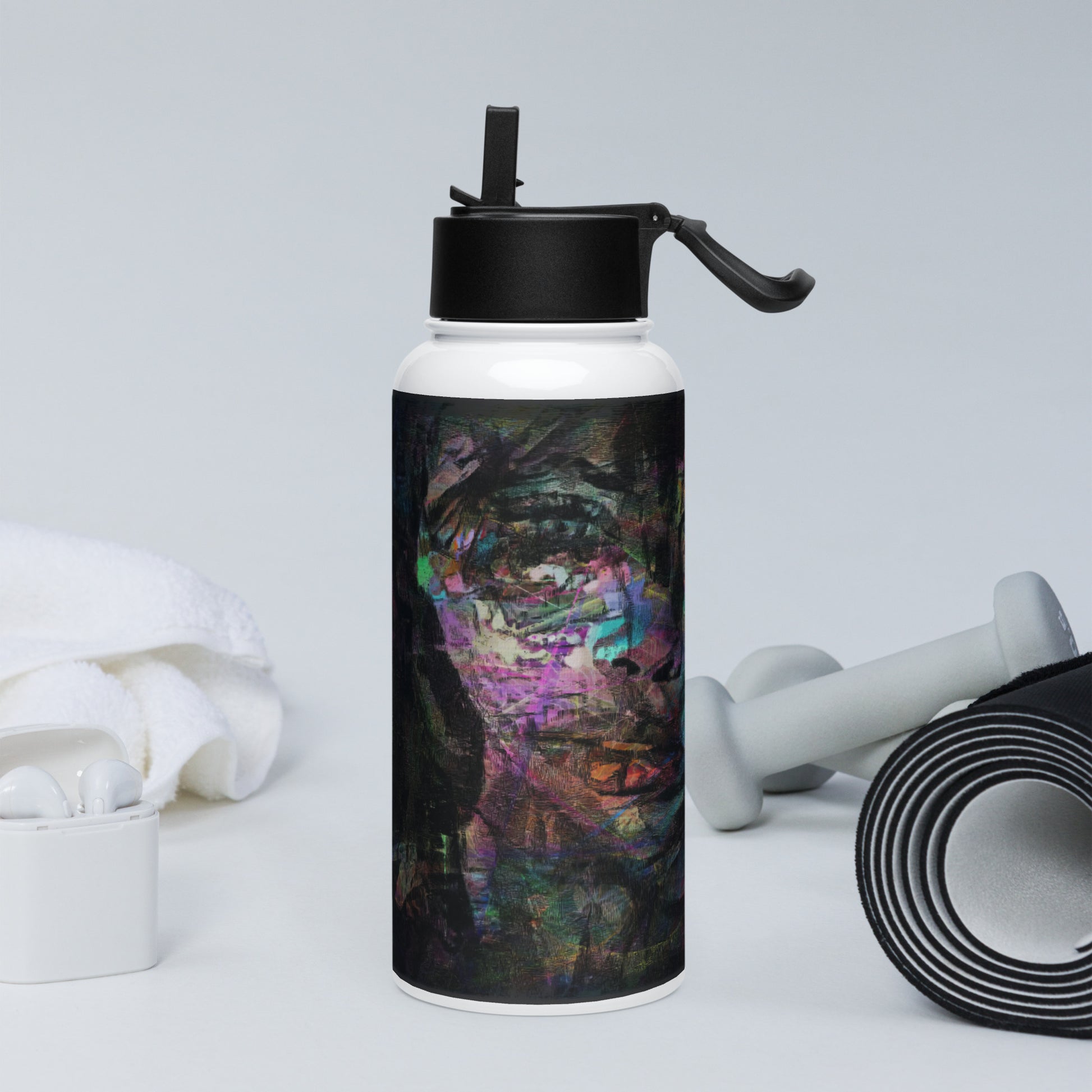 Hipyfi Chromatic Dreams water bottle featuring abstract art in on insulated stainless steel with leak-proof straw lid. left-3