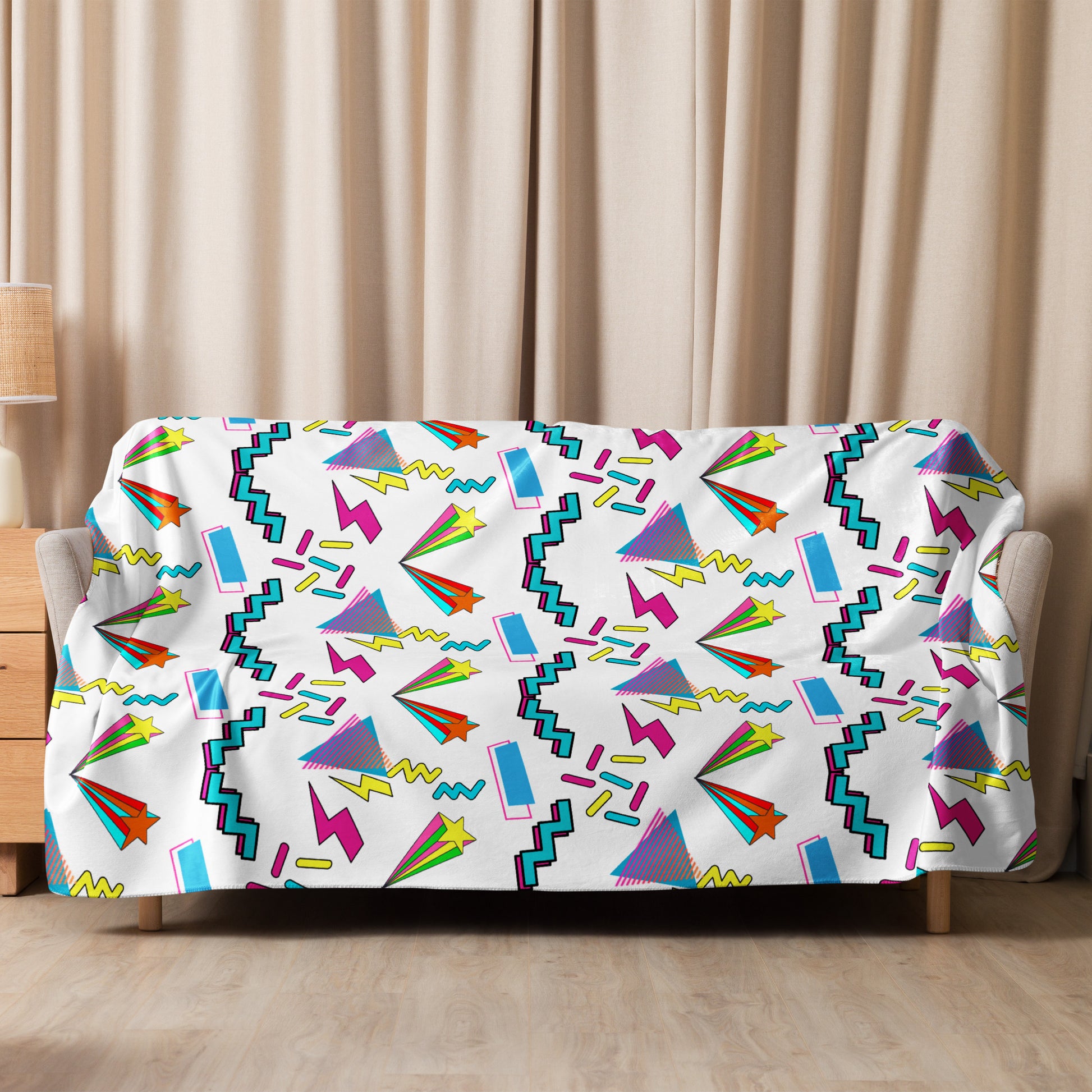 80s retro pop art Sherpa fleece throw blanket with geometric design by Hipyfi Clothes & Design 60x80-front