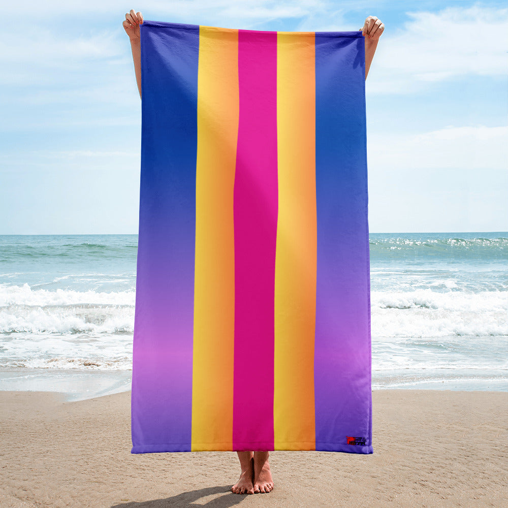 Sunset Stripes Towel by Hipyfi, vibrant stripes on a gradient background. Soft blend beach towel. Stylish retro stripe,perfect for bath or beach. Front