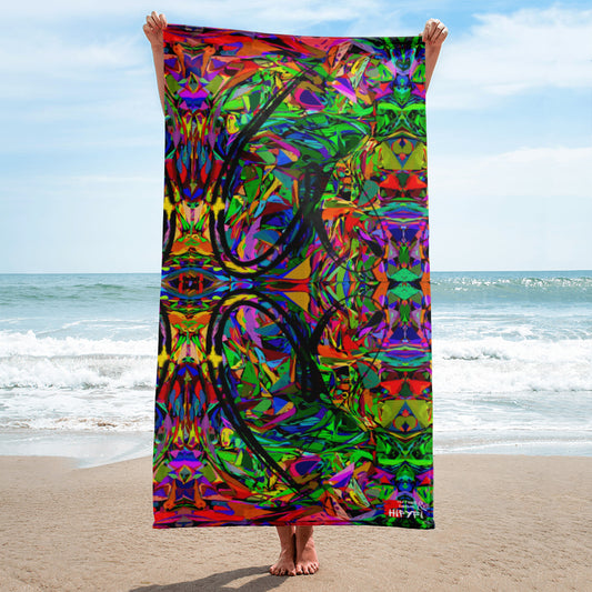 Hipyfi Neon Mythos abstract sublimated beach towel with vibrant neon print design front