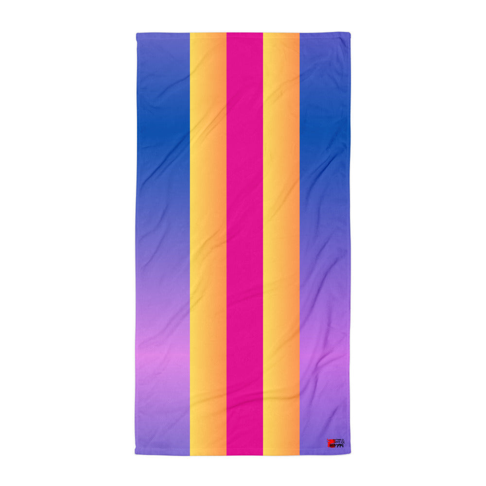 Sunset Stripes Towel by Hipyfi, vibrant stripes on a gradient background. Soft blend beach towel. Stylish retro stripe,perfect for bath or beach. flat