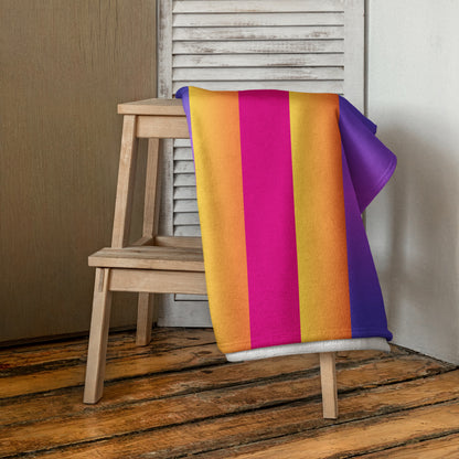 Sunset Stripes Towel by Hipyfi, vibrant stripes on a gradient background. Soft blend beach towel. Stylish retro stripe,perfect for bath or beach. Front-2