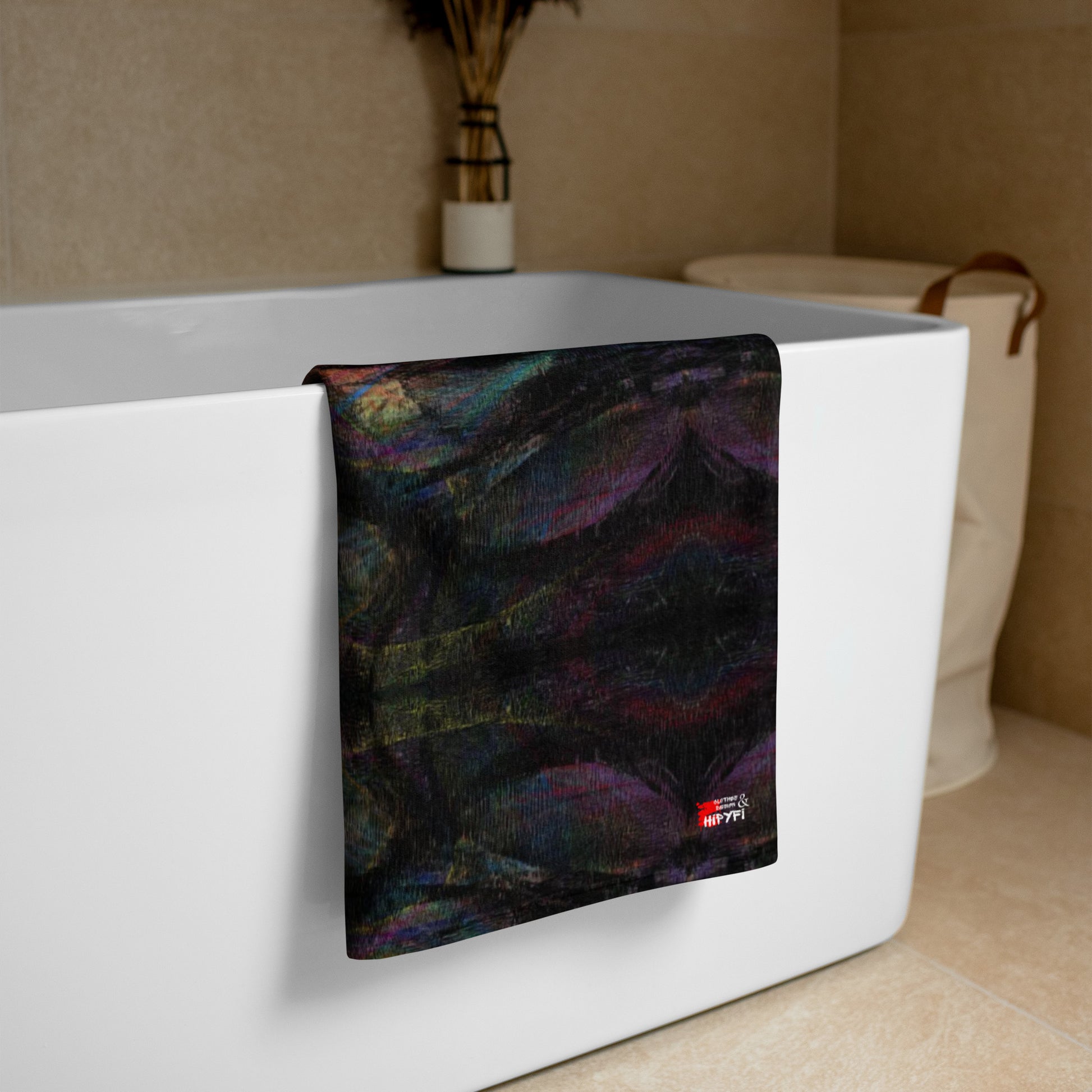 Hipyfi Chromatic Dreams Abstract Art Towel featuring vibrant colors on a quick-dry cotton-polyester blend for gym, beach, or yoga. Eco-friendly design. 30x60-lifestyle