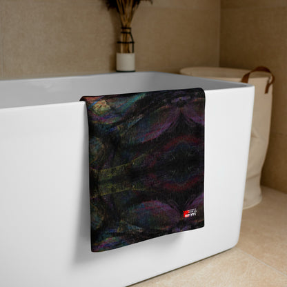 Hipyfi Chromatic Dreams Abstract Art Towel featuring vibrant colors on a quick-dry cotton-polyester blend for gym, beach, or yoga. Eco-friendly design. 30x60-lifestyle