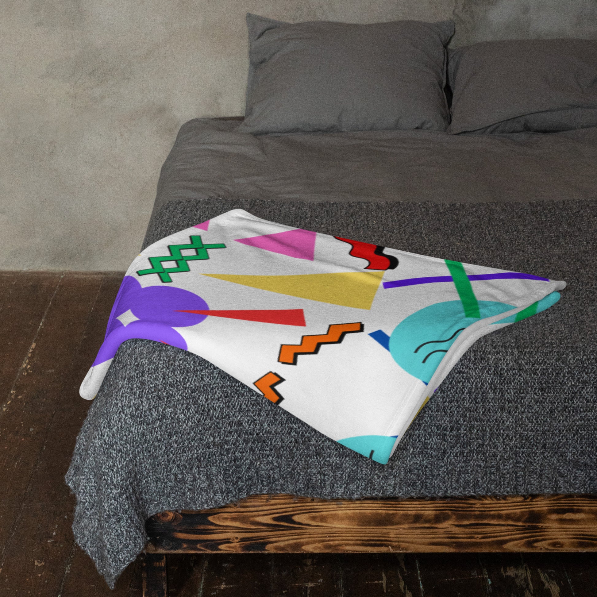 Retro pop geometric throw blanket with colorful 80s Memphis design by Hipyfi Clothes & Design 50x60-lifestyle-2