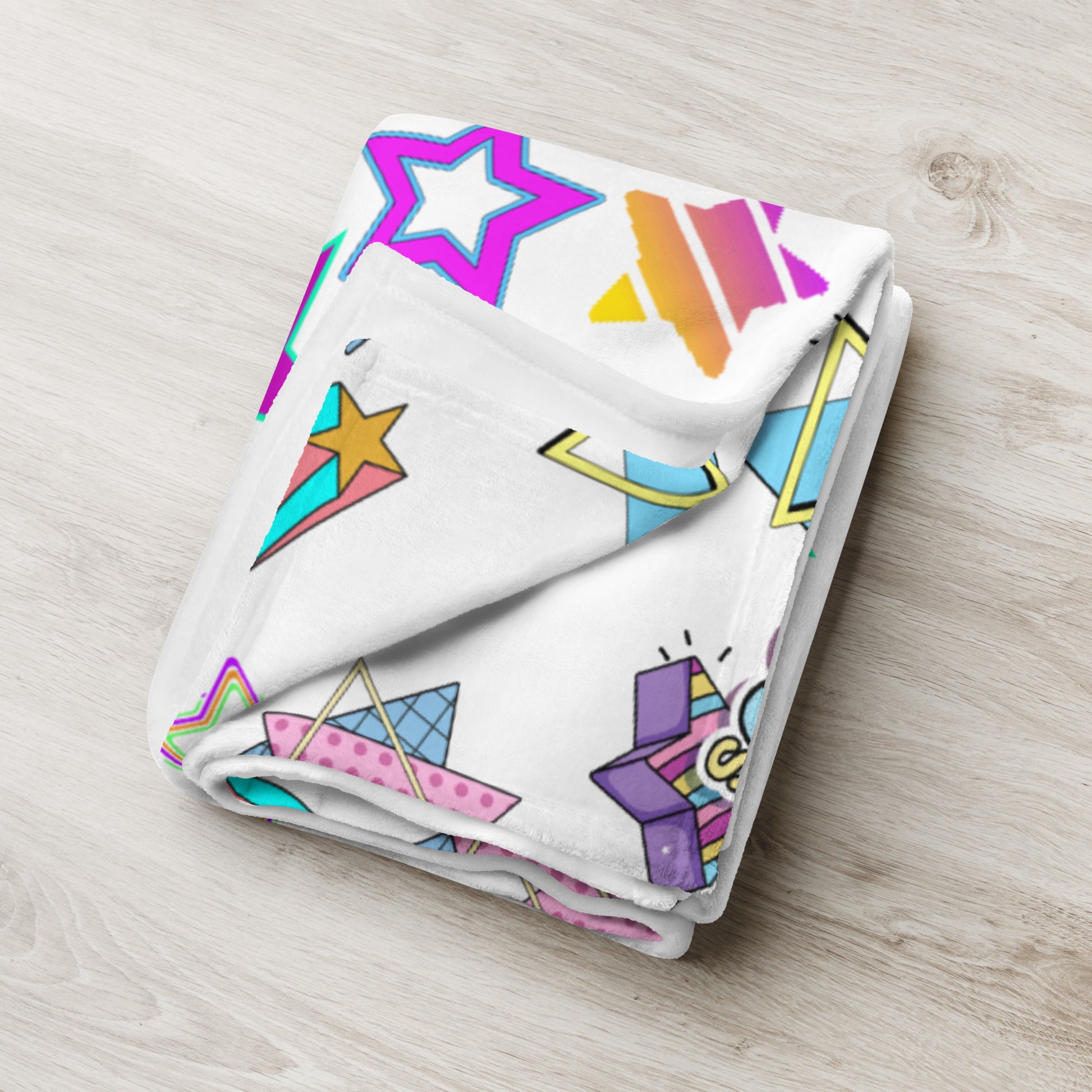 Hipyfi Retro Throw Blanket with 1980s geometric stars and Memphis design in vibrant neon colors 60x80-lifestyle-2