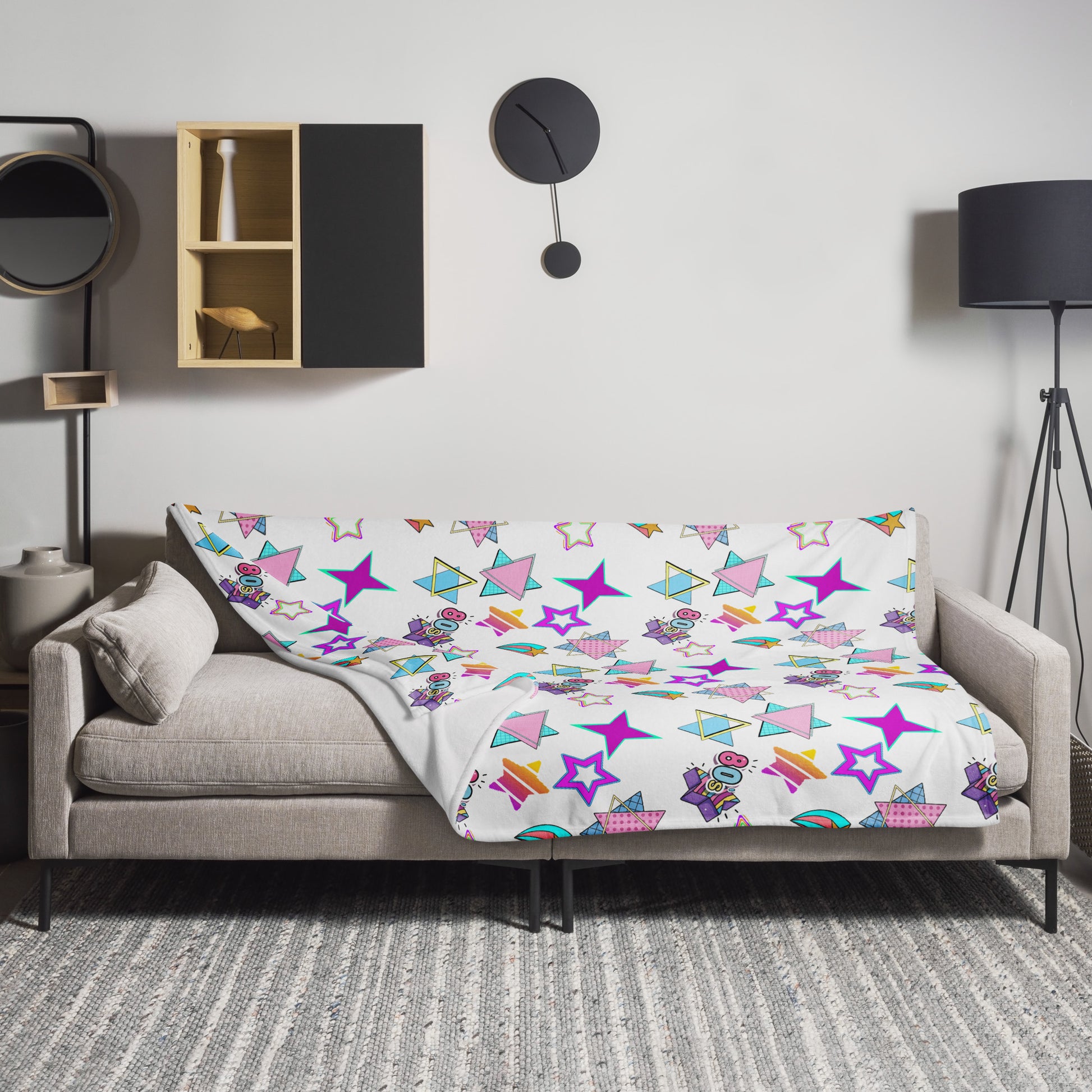 Hipyfi Retro Throw Blanket with 1980s geometric stars and Memphis design in vibrant neon colors 60x80-lifestyle-4
