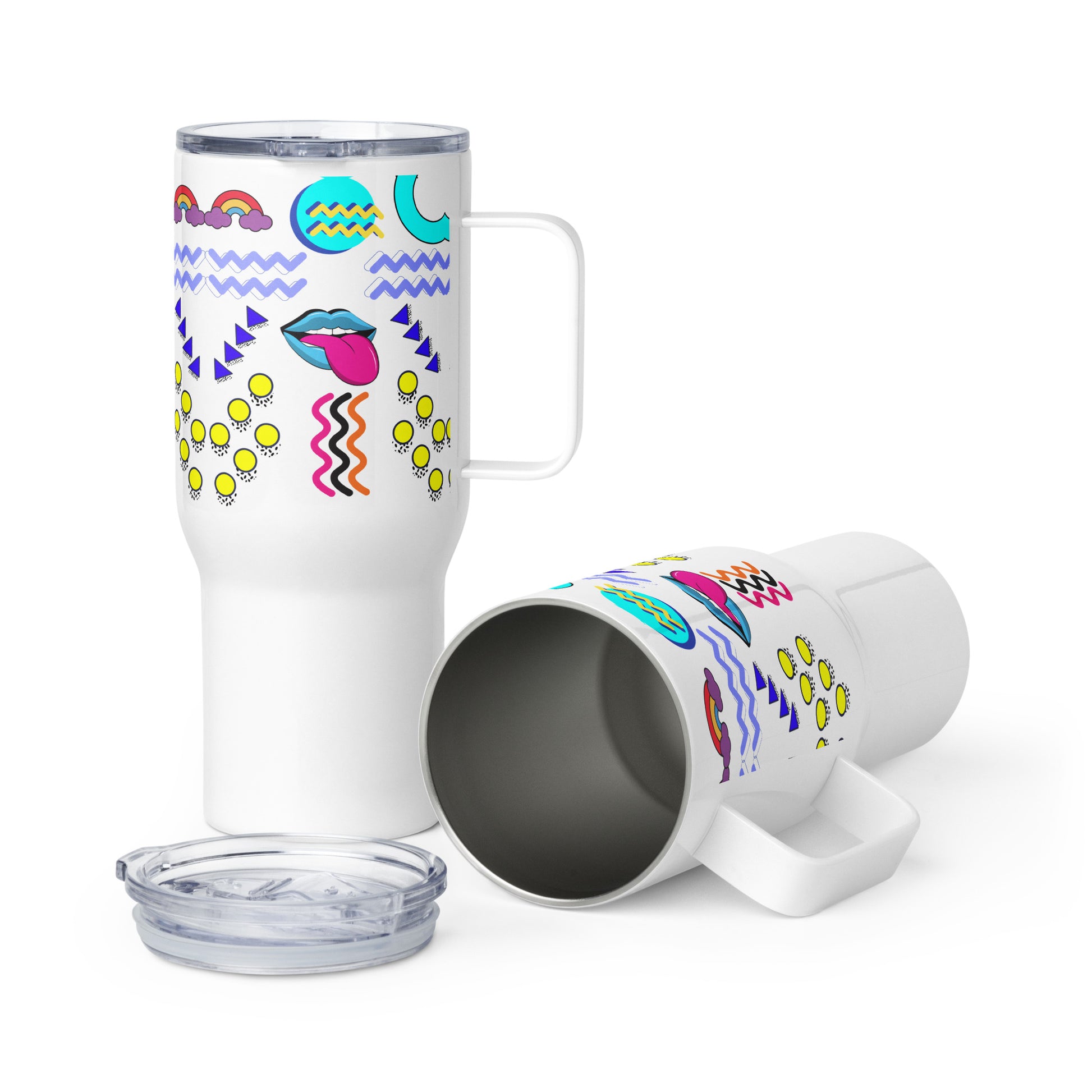 Retro 80s neon pop art travel mug with handle – insulated stainless steel drinkware by Hipyfi 25-oz-front-5