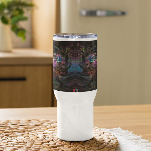 Abstract face design thermal travel mug with vibrant purple, blue, and orange brushstrokes, ergonomic handle, by Hipyfi Clothes & Design. 25-oz-front
