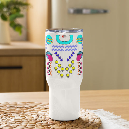 Retro 80s neon pop art travel mug with handle – insulated stainless steel drinkware by Hipyfi 25-oz-front