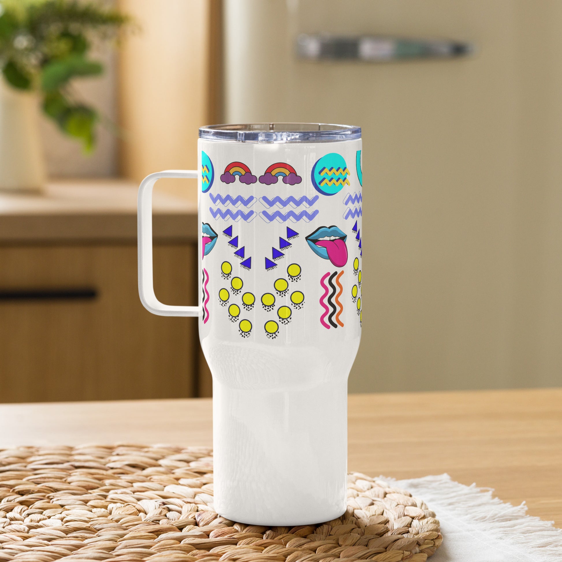 Retro 80s neon pop art travel mug with handle – insulated stainless steel drinkware by Hipyfi 25-oz-right