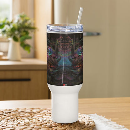 Abstract face design thermal travel mug with vibrant purple, blue, and orange brushstrokes, ergonomic handle, by Hipyfi Clothes & Design. 40-oz-front