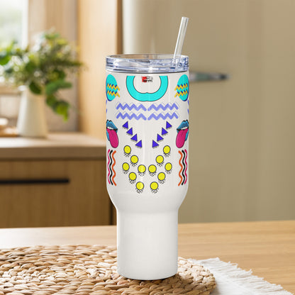 Retro 80s neon pop art travel mug with handle – insulated stainless steel drinkware by Hipyfi 40-oz-front