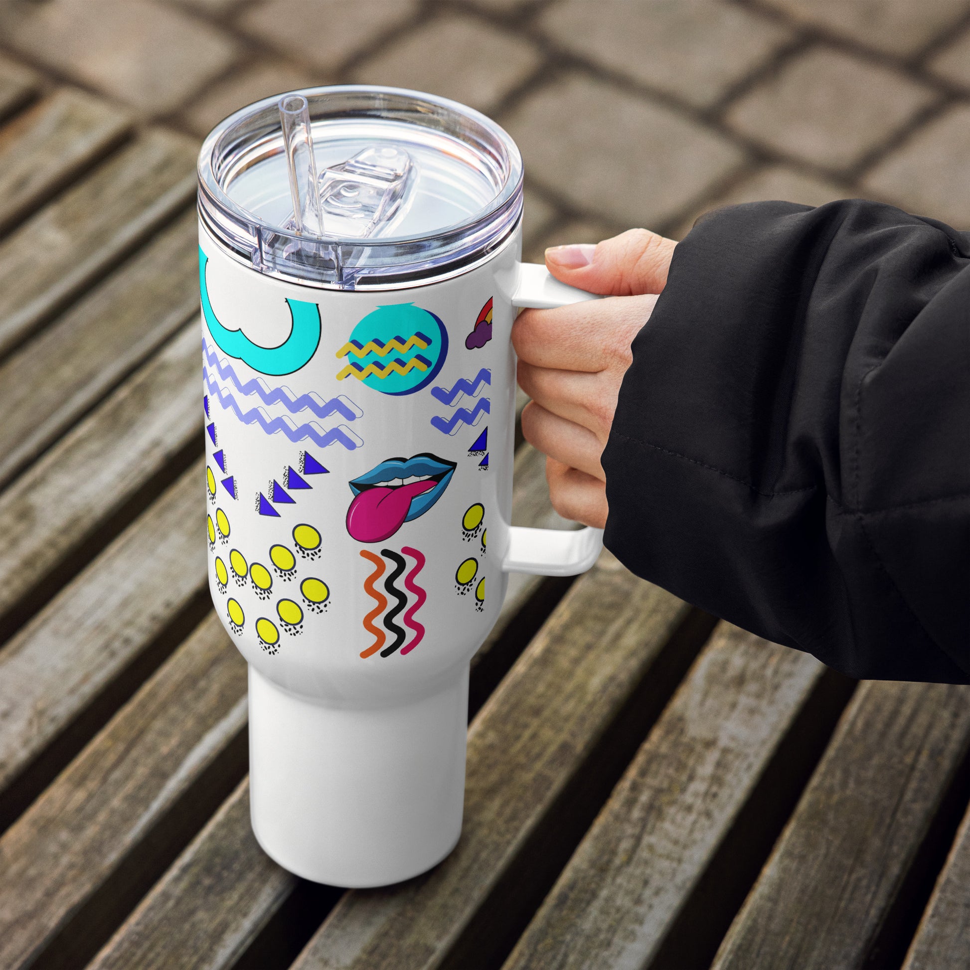 Retro 80s neon pop art travel mug with handle – insulated stainless steel drinkware by Hipyfi 40-oz-left-3