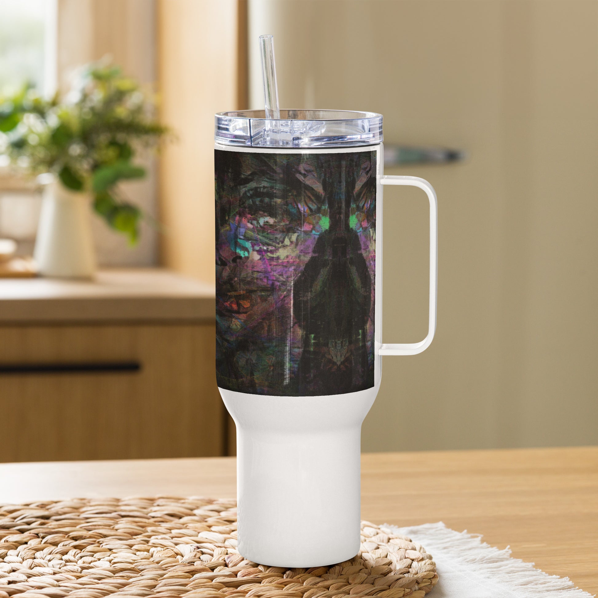 Abstract face design thermal travel mug with vibrant purple, blue, and orange brushstrokes, ergonomic handle, by Hipyfi Clothes & Design. 40-oz-left