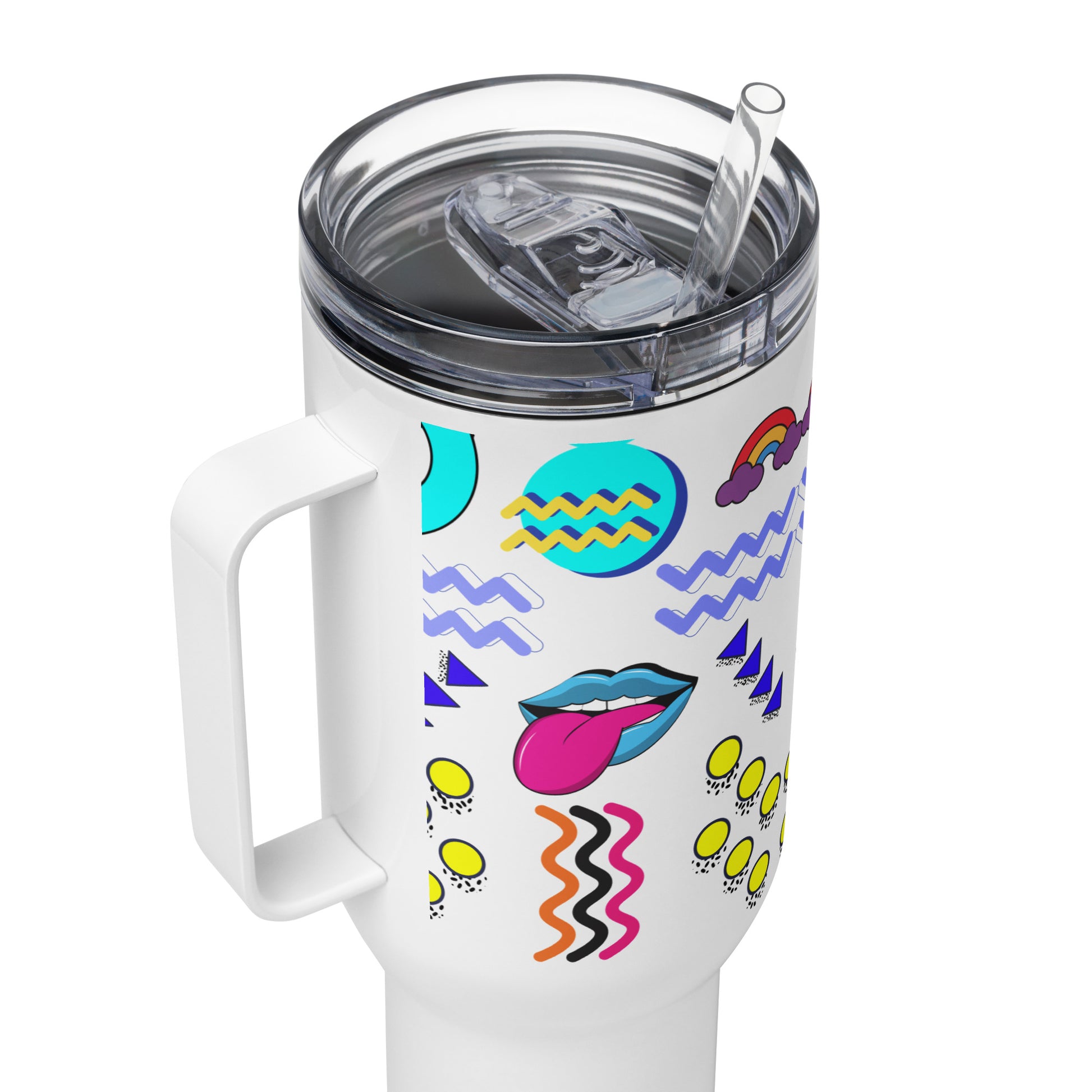 Retro 80s neon pop art travel mug with handle – insulated stainless steel drinkware by Hipyfi 40-oz-product-details