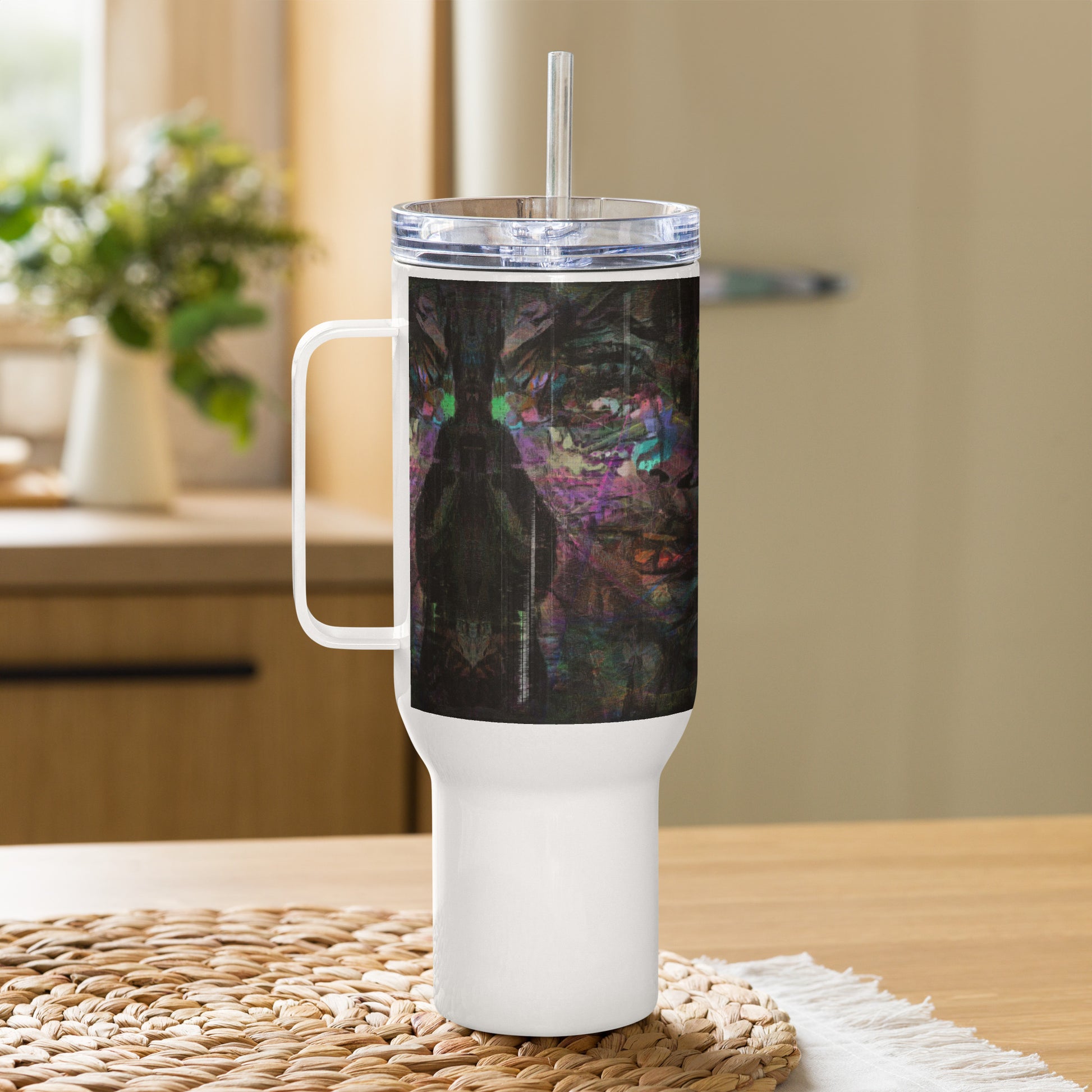 Abstract face design thermal travel mug with vibrant purple, blue, and orange brushstrokes, ergonomic handle, by Hipyfi Clothes & Design. 40-oz-right