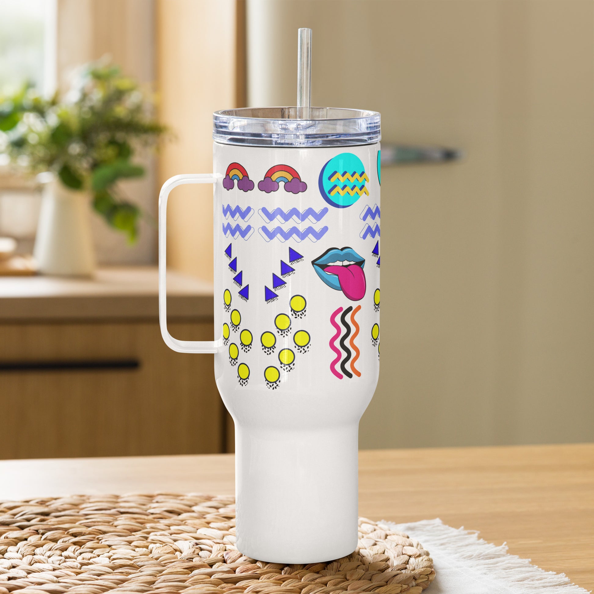 Retro 80s neon pop art travel mug with handle – insulated stainless steel drinkware by Hipyfi 40-oz-right