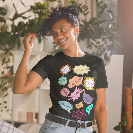 Unisex 80s Vintage Comic T-Shirt with Retro Pop Art Speech Bubbles – Hipyfi Graphic Tee. black-front