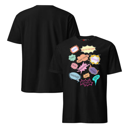 Unisex 80s Vintage Comic T-Shirt with Retro Pop Art Speech Bubbles – Hipyfi Graphic Tee. black-front-and-back