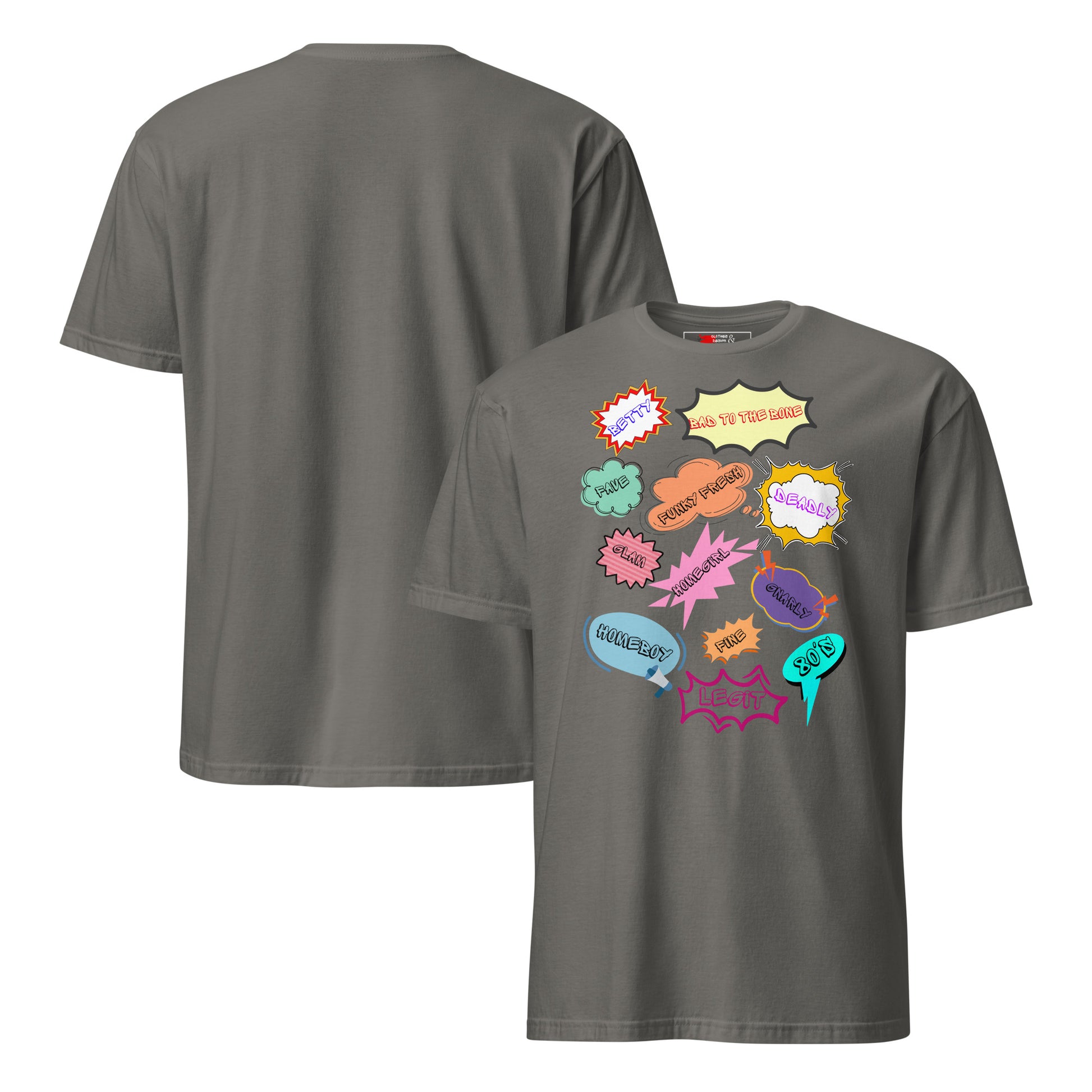 Unisex 80s Vintage Comic T-Shirt with Retro Pop Art Speech Bubbles – Hipyfi Graphic Tee. charcoal-front-and-back