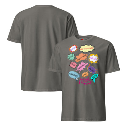 Unisex 80s Vintage Comic T-Shirt with Retro Pop Art Speech Bubbles – Hipyfi Graphic Tee. charcoal-front-and-back