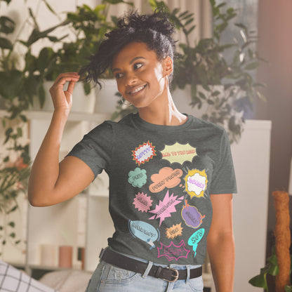 Unisex 80s Vintage Comic T-Shirt with Retro Pop Art Speech Bubbles – Hipyfi Graphic Tee. dark-heather-front