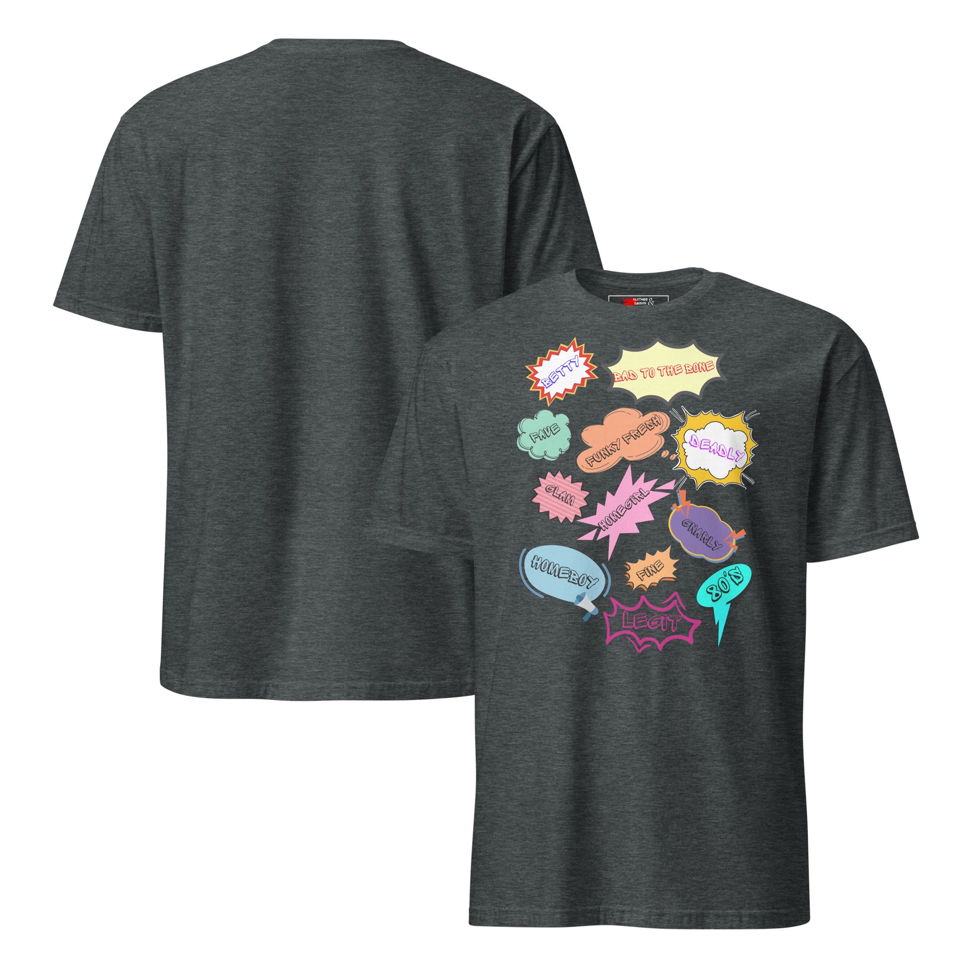 Unisex 80s Vintage Comic T-Shirt with Retro Pop Art Speech Bubbles – Hipyfi Graphic Tee. dark-heather-front-and-back
