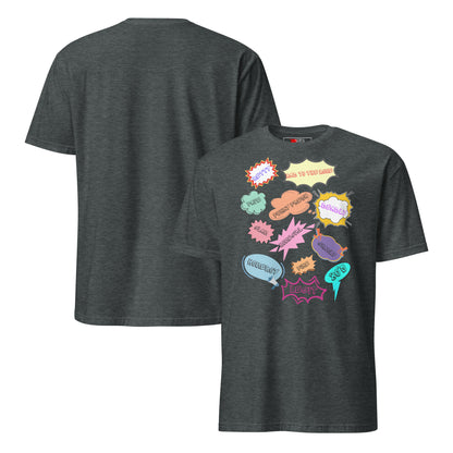 Unisex 80s Vintage Comic T-Shirt with Retro Pop Art Speech Bubbles – Hipyfi Graphic Tee. dark-heather-front-and-back