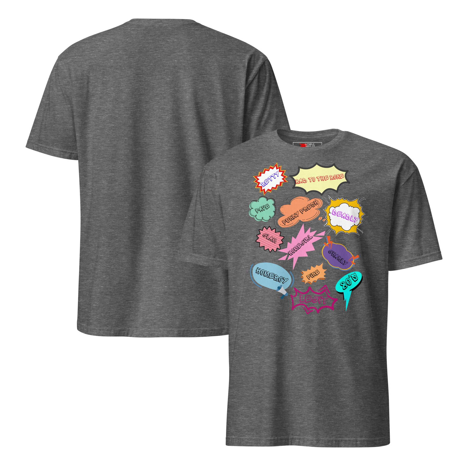 Unisex 80s Vintage Comic T-Shirt with Retro Pop Art Speech Bubbles – Hipyfi Graphic Tee. graphite-heather-front-and-back