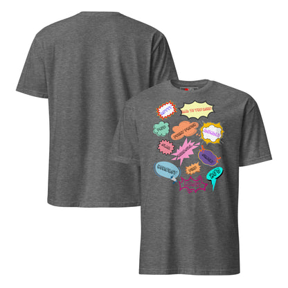 Unisex 80s Vintage Comic T-Shirt with Retro Pop Art Speech Bubbles – Hipyfi Graphic Tee. graphite-heather-front-and-back