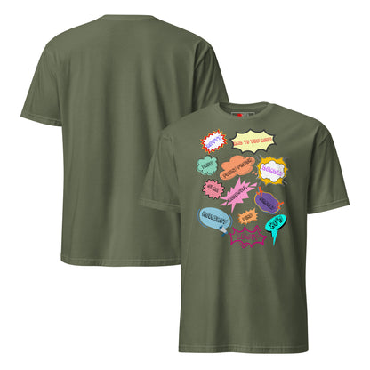 Unisex 80s Vintage Comic T-Shirt with Retro Pop Art Speech Bubbles – Hipyfi Graphic Tee. military-green-front-and-back