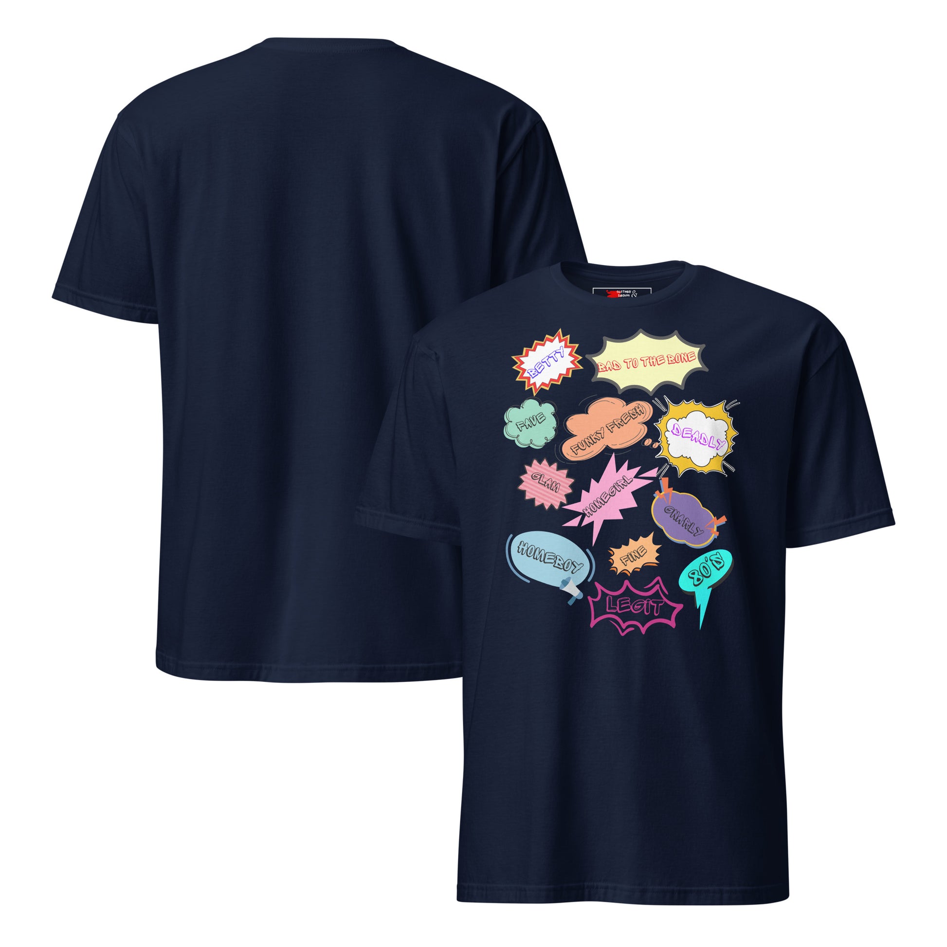 Unisex 80s Vintage Comic T-Shirt with Retro Pop Art Speech Bubbles – Hipyfi Graphic Tee. navy-front-and-back