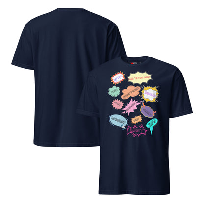 Unisex 80s Vintage Comic T-Shirt with Retro Pop Art Speech Bubbles – Hipyfi Graphic Tee. navy-front-and-back