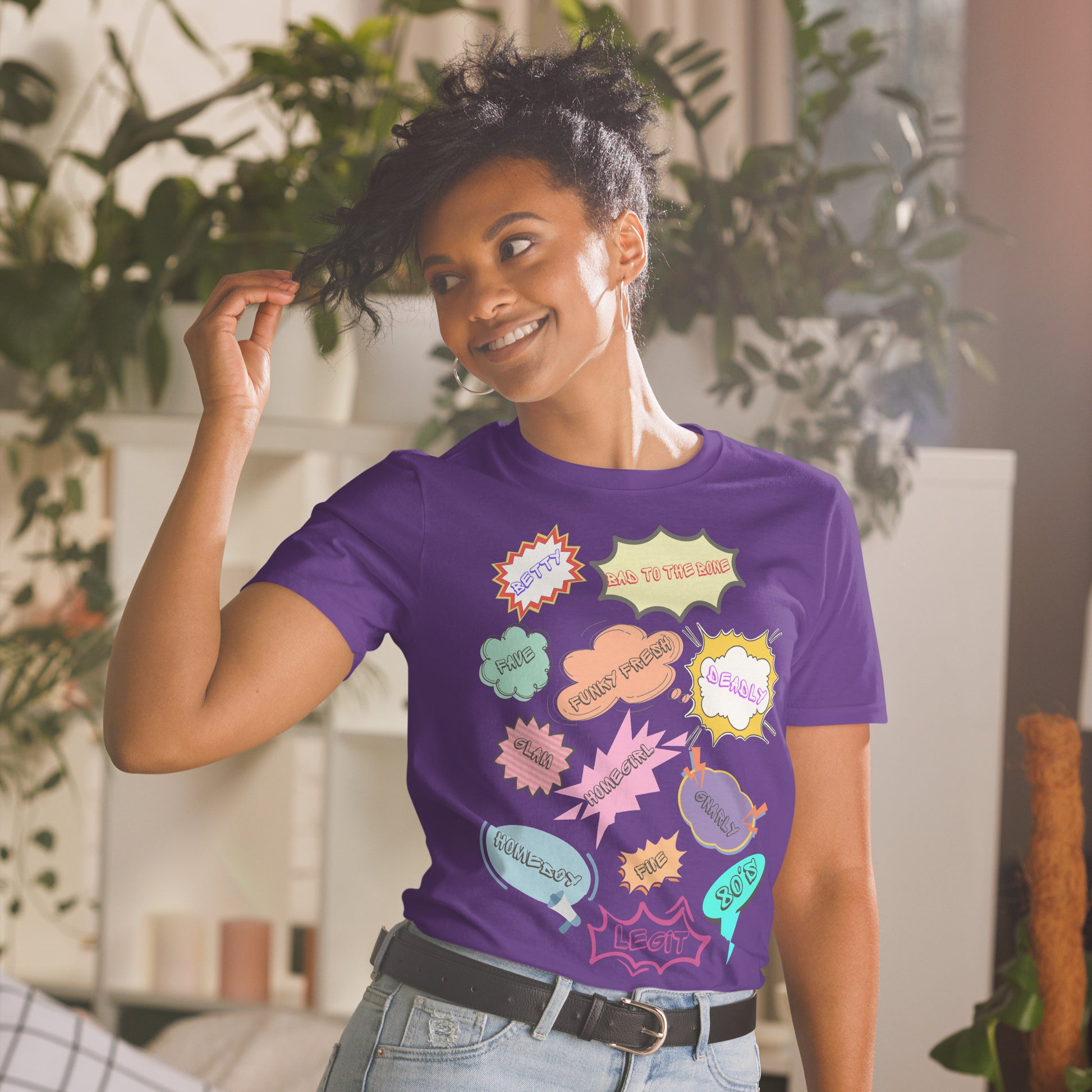 Unisex 80s Vintage Comic T-Shirt with Retro Pop Art Speech Bubbles – Hipyfi Graphic Tee. purple-front