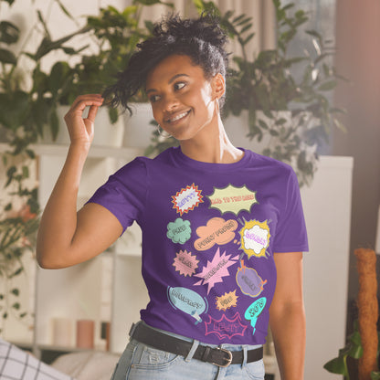 Unisex 80s Vintage Comic T-Shirt with Retro Pop Art Speech Bubbles – Hipyfi Graphic Tee. purple-front