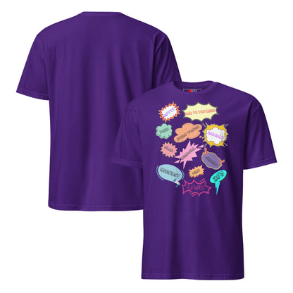 Unisex 80s Vintage Comic T-Shirt with Retro Pop Art Speech Bubbles – Hipyfi Graphic Tee. purple-front-and-back