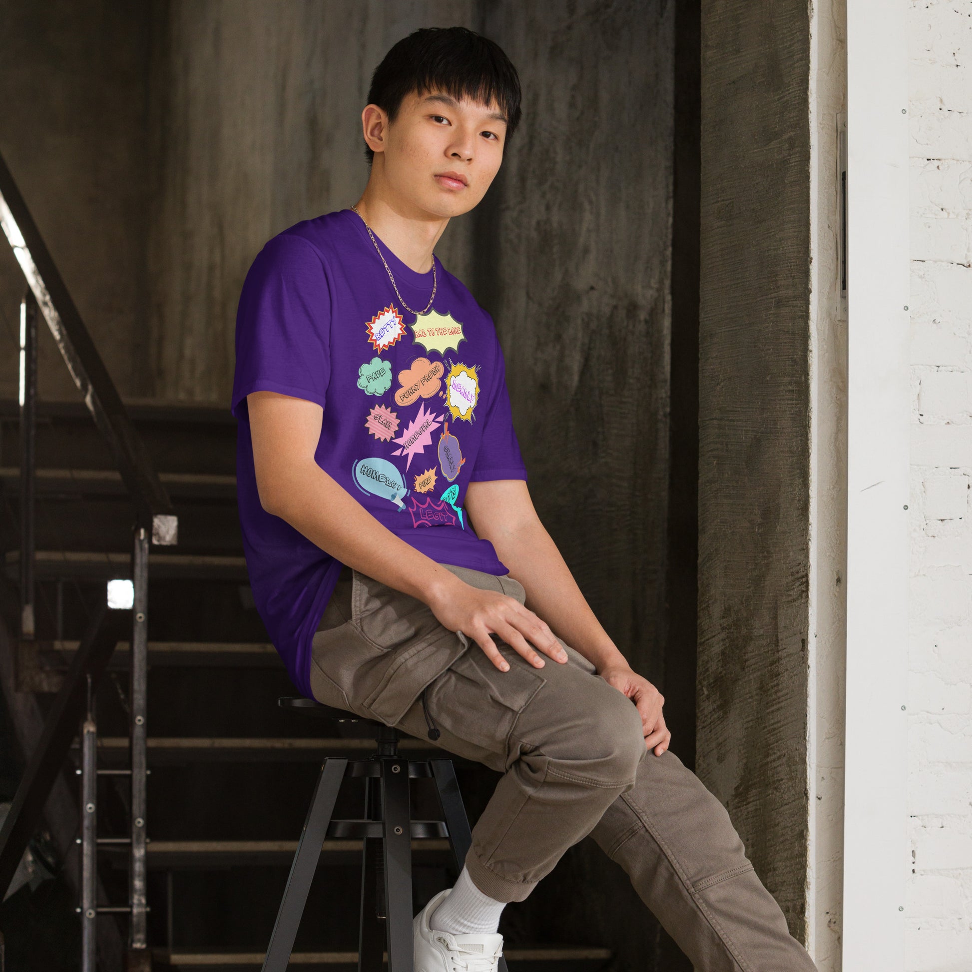 Unisex 80s Vintage Comic T-Shirt with Retro Pop Art Speech Bubbles – Hipyfi Graphic Tee. purple-right-front