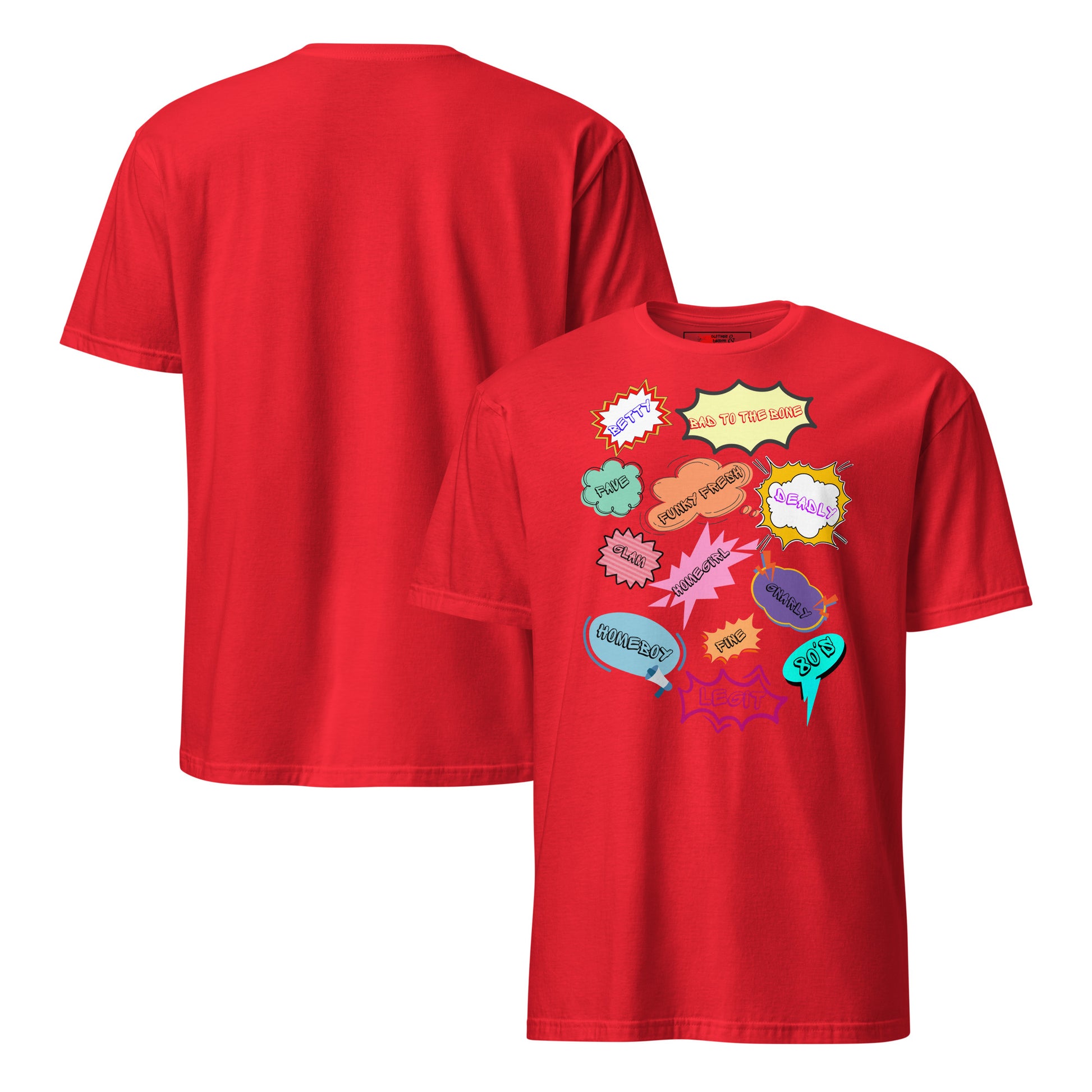 Unisex 80s Vintage Comic T-Shirt with Retro Pop Art Speech Bubbles – Hipyfi Graphic Tee. red-front-and-back