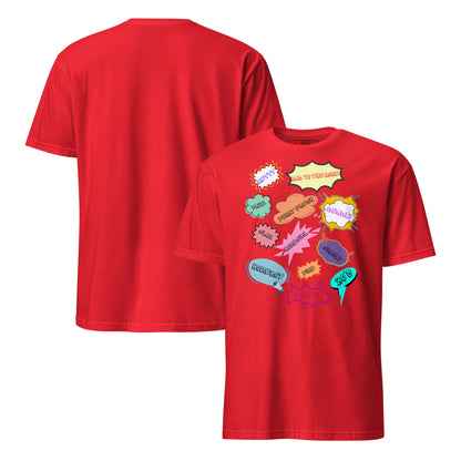 Unisex 80s Vintage Comic T-Shirt with Retro Pop Art Speech Bubbles – Hipyfi Graphic Tee. red-front-and-back