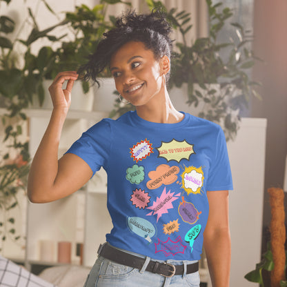 Unisex 80s Vintage Comic T-Shirt with Retro Pop Art Speech Bubbles – Hipyfi Graphic Tee. royal-front