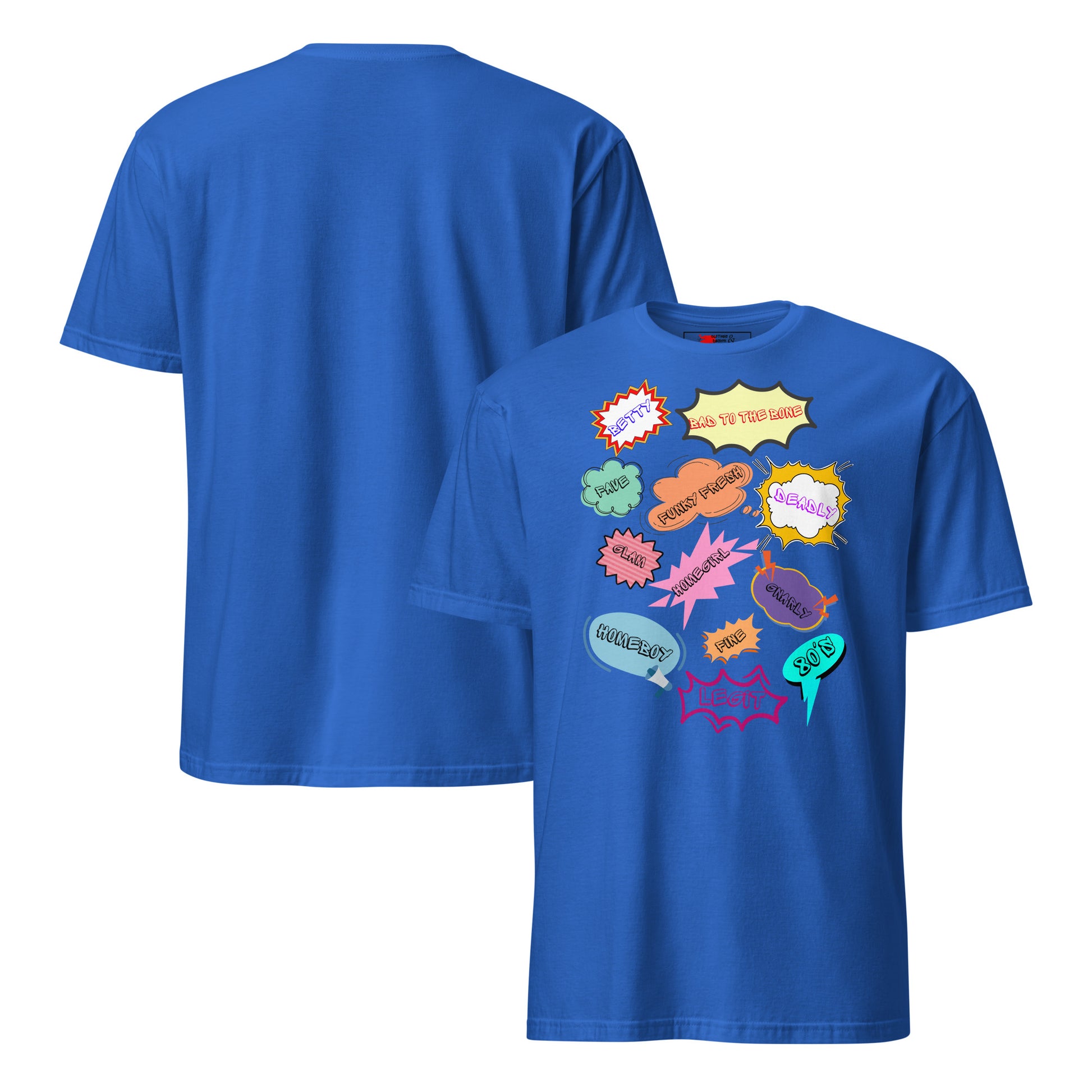 Unisex 80s Vintage Comic T-Shirt with Retro Pop Art Speech Bubbles – Hipyfi Graphic Tee. royal-front-and-back