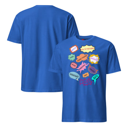 Unisex 80s Vintage Comic T-Shirt with Retro Pop Art Speech Bubbles – Hipyfi Graphic Tee. royal-front-and-back