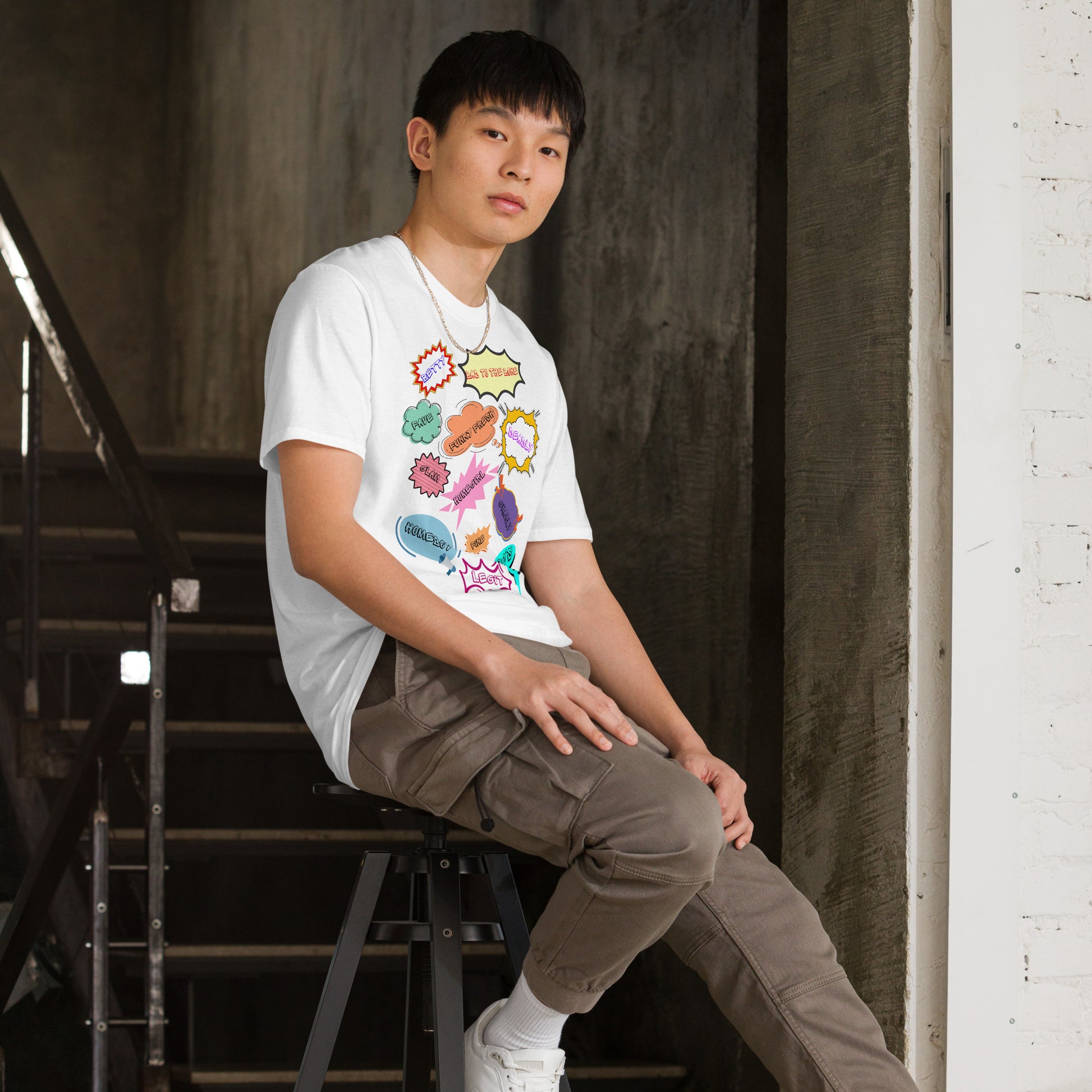 Unisex 80s Vintage Comic T-Shirt with Retro Pop Art Speech Bubbles – Hipyfi Graphic Tee. white-right-front