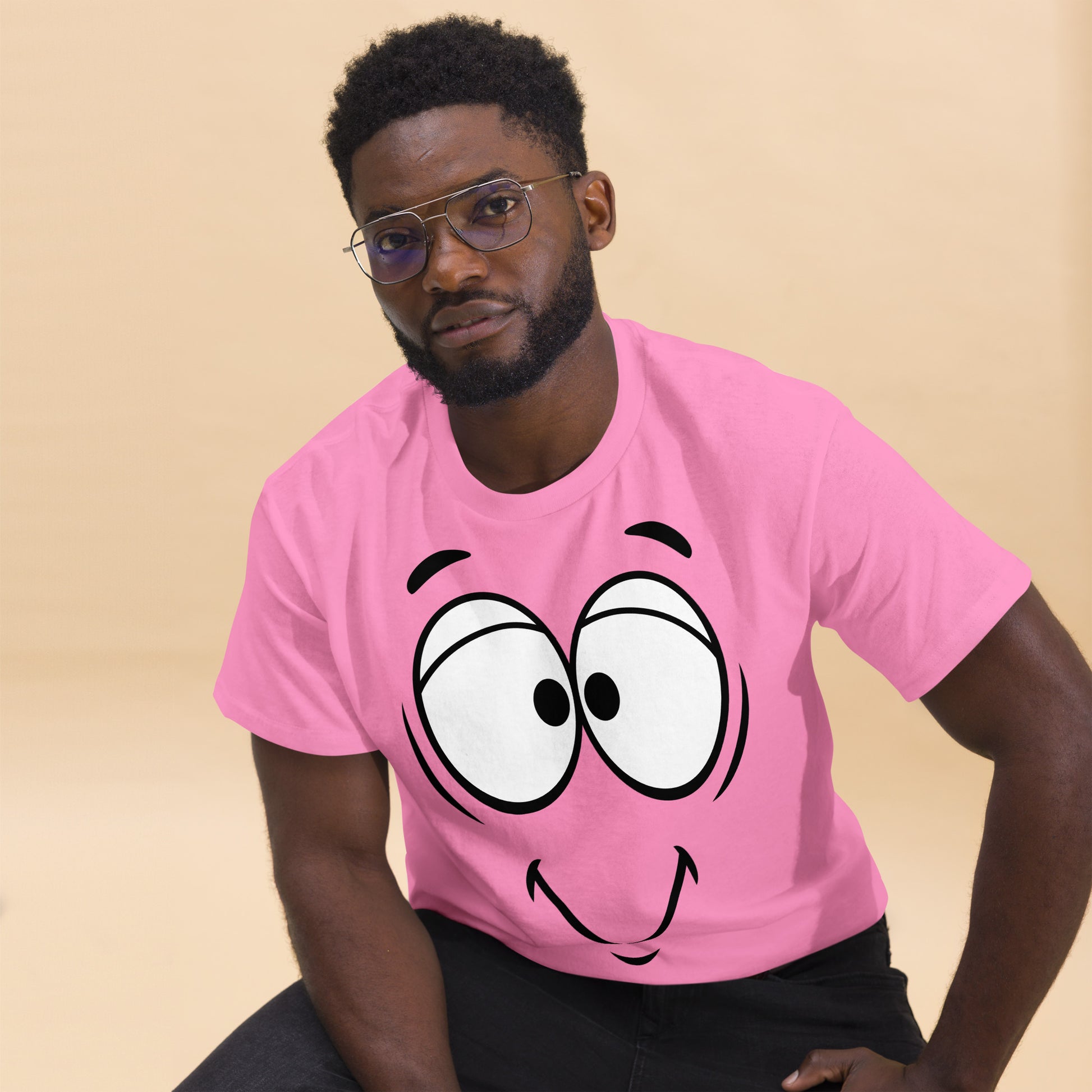 Unisex minimalist cartoon face t-shirt with bold black line art and playful smile – Hipyfi Clothes & Design. azalea-front-2