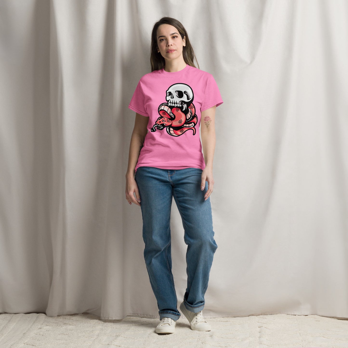 Hipyfi Bold Skull & Snake Unisex T-shirt with tattoo-inspired skull and serpent graphic, perfect for streetwear and punk rock style. azalea-front-2